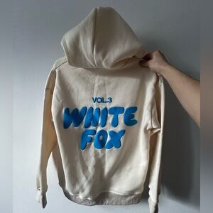 White Fox Cream Hoodie with Blue Print